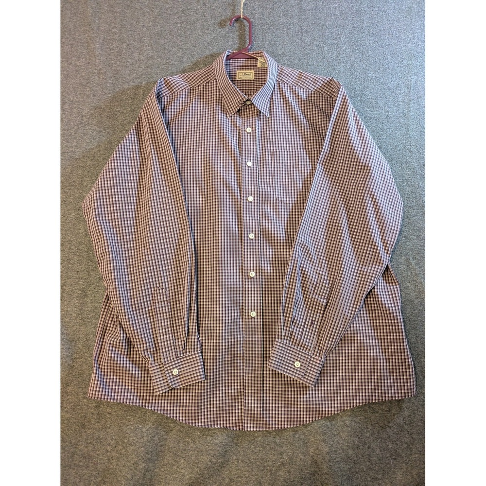 LL Bean Dress Shirt Mens XL Blue Red Check Cotton Button Up Long Sleeve